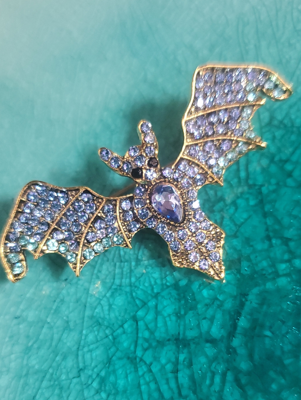 Gold-Tone Blue Crystal Bat Brooch - Elegant Women’s Jewelry D